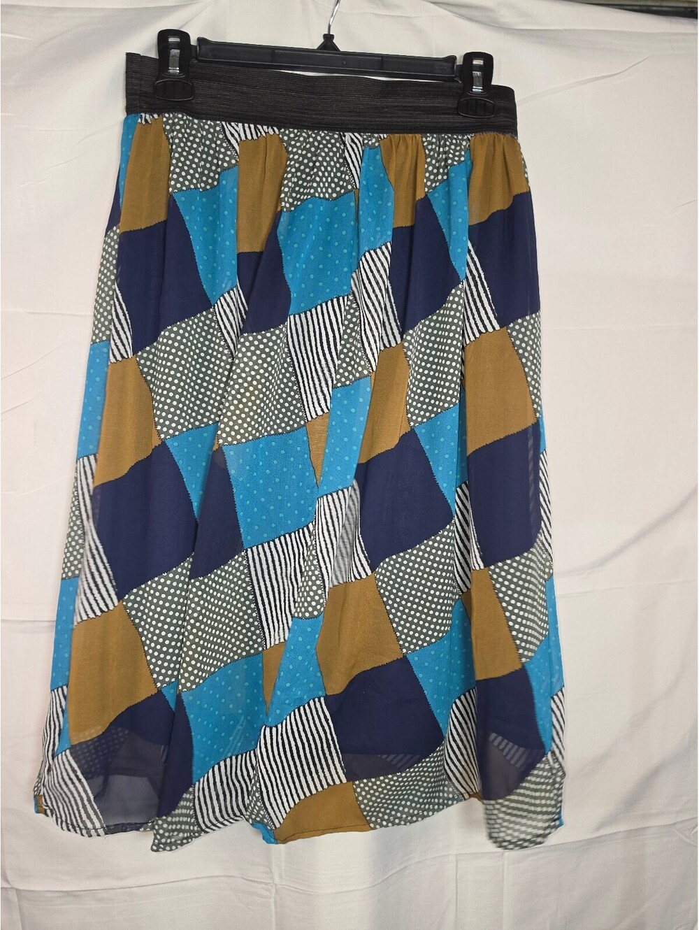 Catch My I Women's M Abstract Geometric Midi Skirt Blue Black Tan Elastic Waist